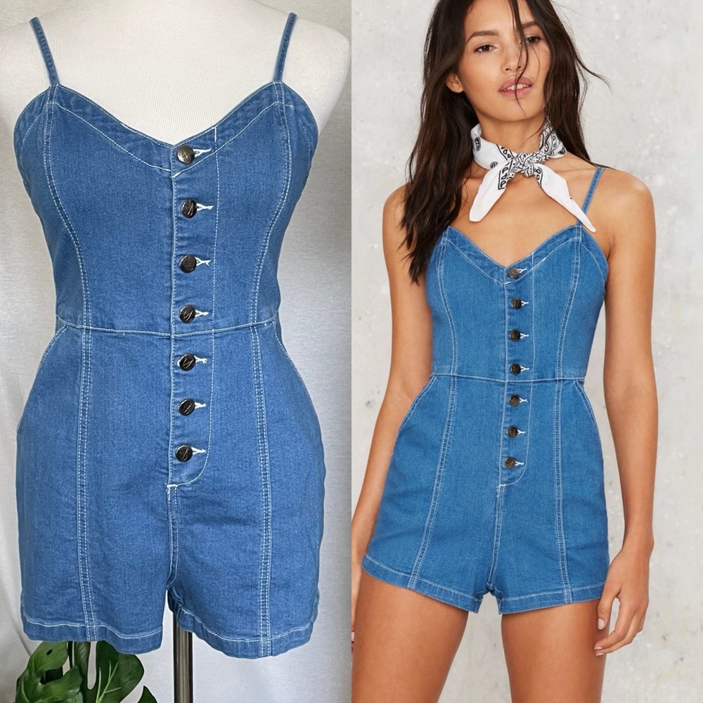 MINKPINK Denim Button-Up Romper